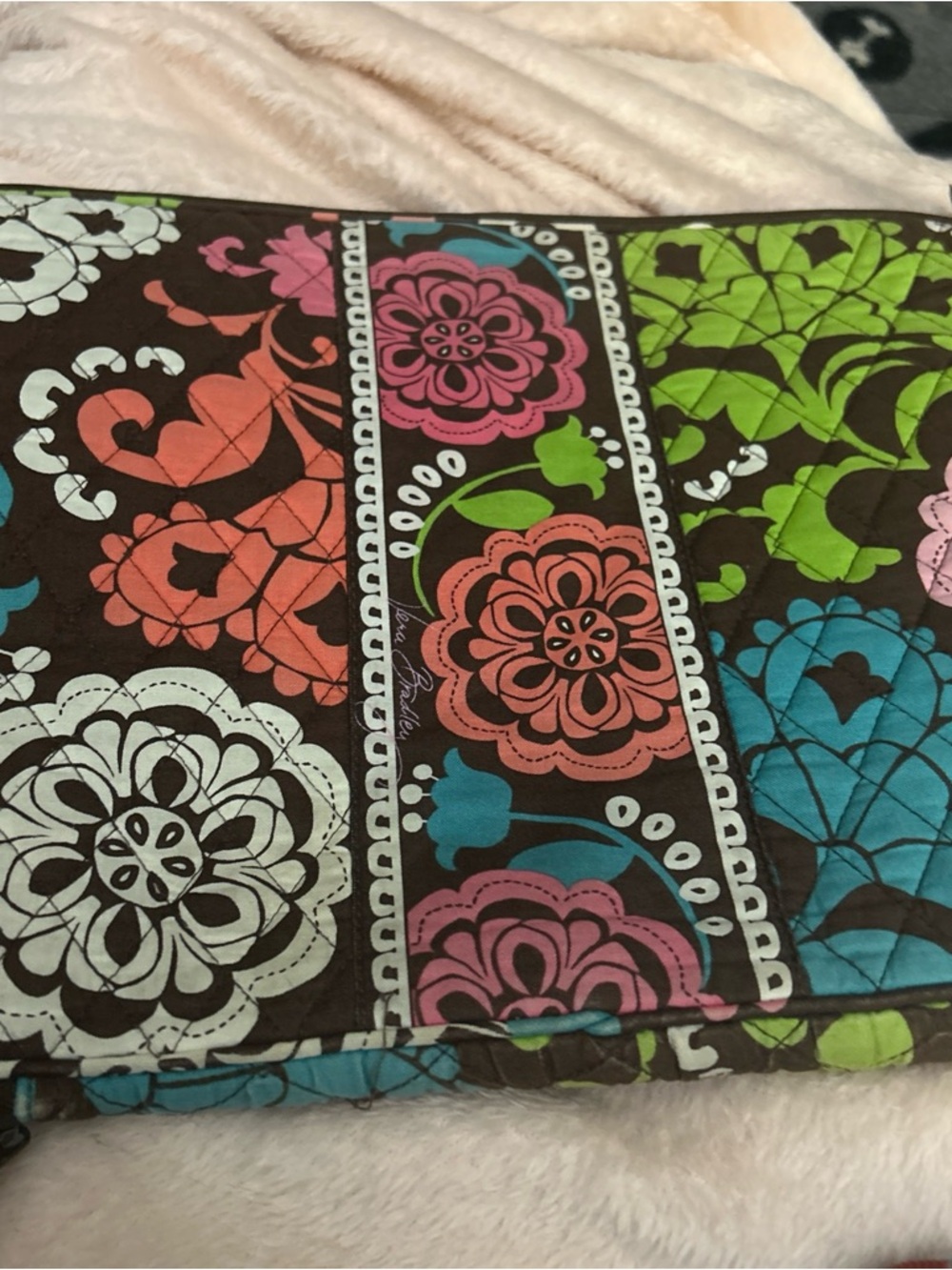 Vera Bradley Brown Quilted Floral Lap Top bag with Coral and Teal Accents